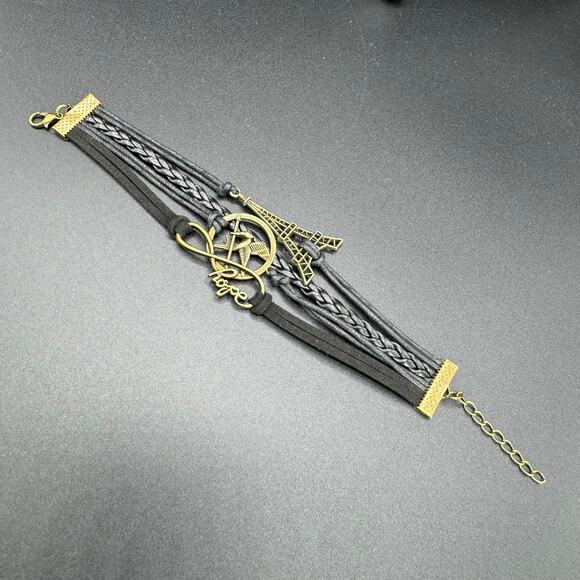 New Black Braided Leather Twine Multilayer Eiffel Tower Infinity Bracelet - Picture 5 of 7